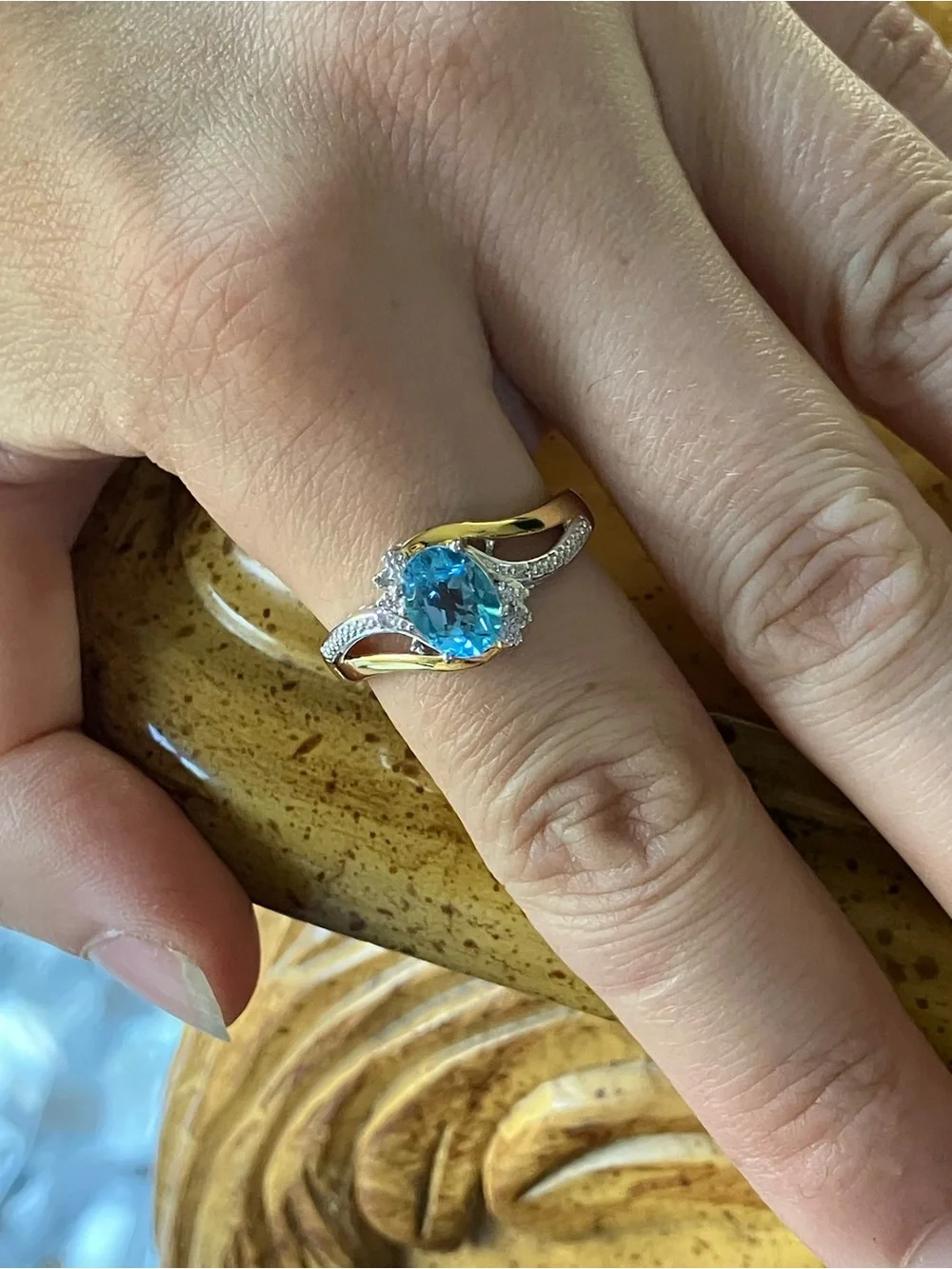 Swiss Blue Topaz White Diamond Ring Size 9